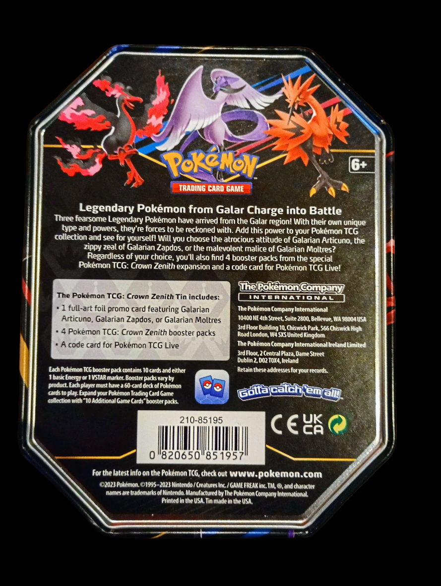 Pokémon TCG: Crown Zenith Galarian Articuno Metal Collectors Tin Keepsake/Storage (empty box)