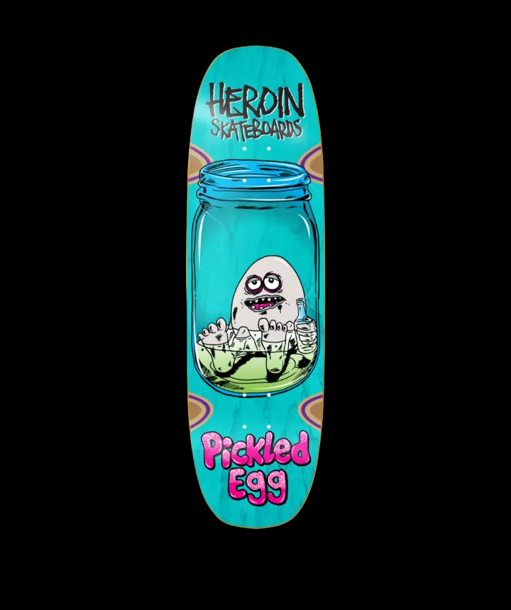Heroin "Pickled Egg" Blue Shaped Wheel Wells Team Skate Deck 9"