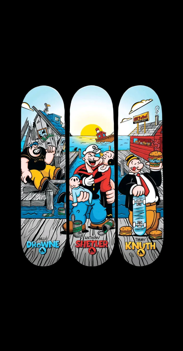 All I Need Skateboards Popeye Cartoon Collection 3 Deck Complete Art Display