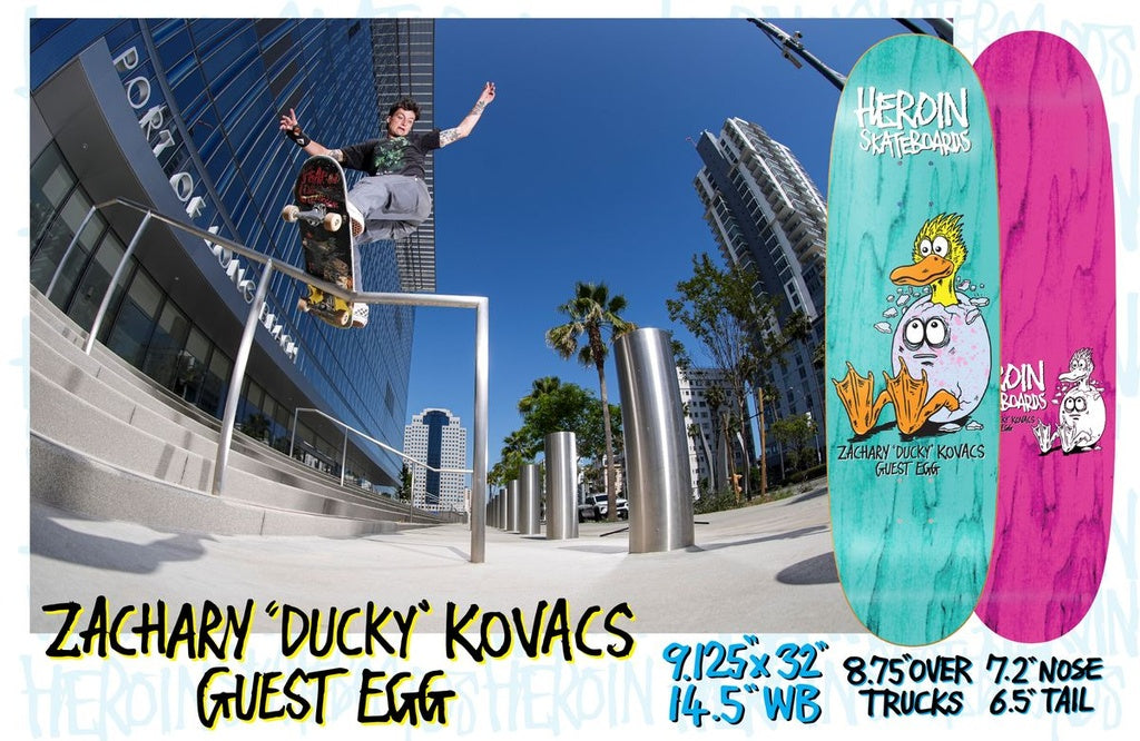Heroin "Ducky" Guest Egg Shaped Kovacs Pro Skate Deck 9.125"