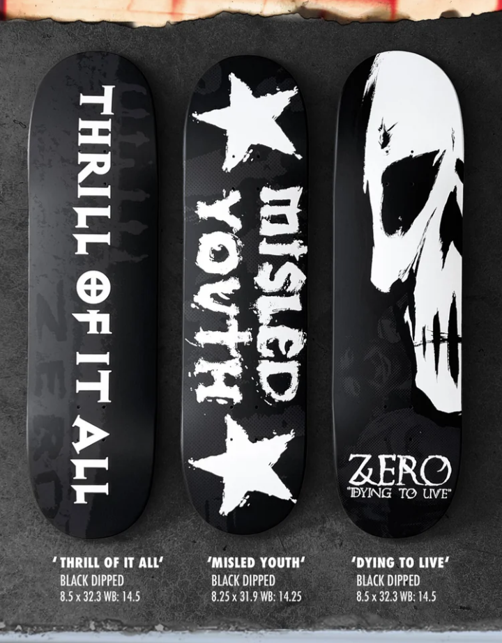 Zero Skateboards Video Series Anniversary Collection "Thrill Of It All" "Misled Youth" "Dying To Live" Skate Deck Set of 3
