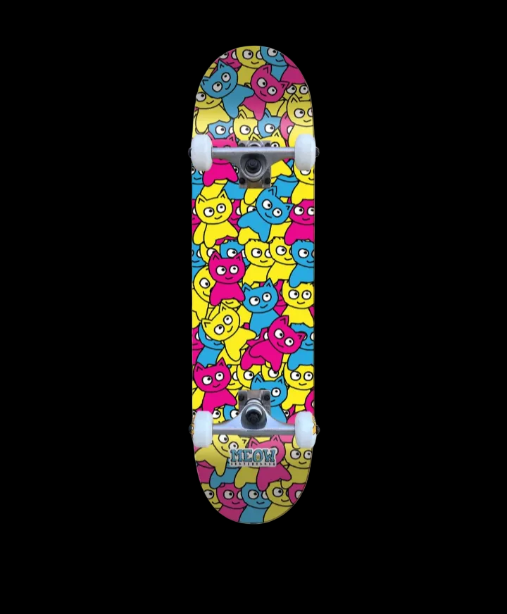 Meow Sticker Pile Multi Cat CMYK Complete Skateboard 7.75"