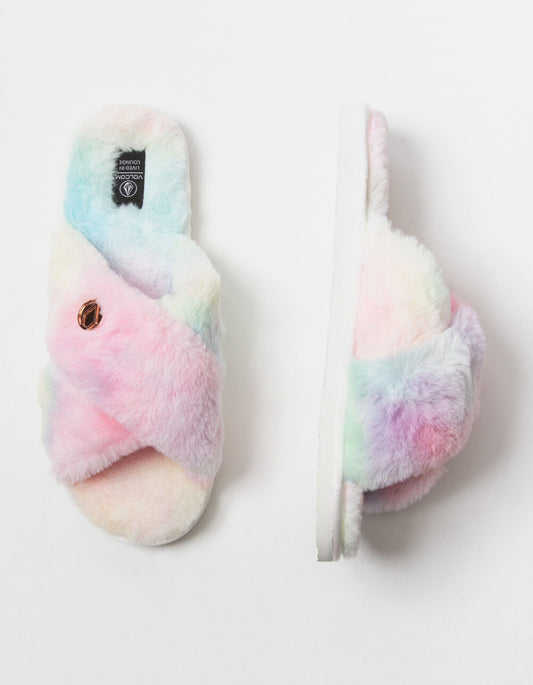 Volcom Lived In Lounge Women's Tie Dye Pink White Blue Slippers 9