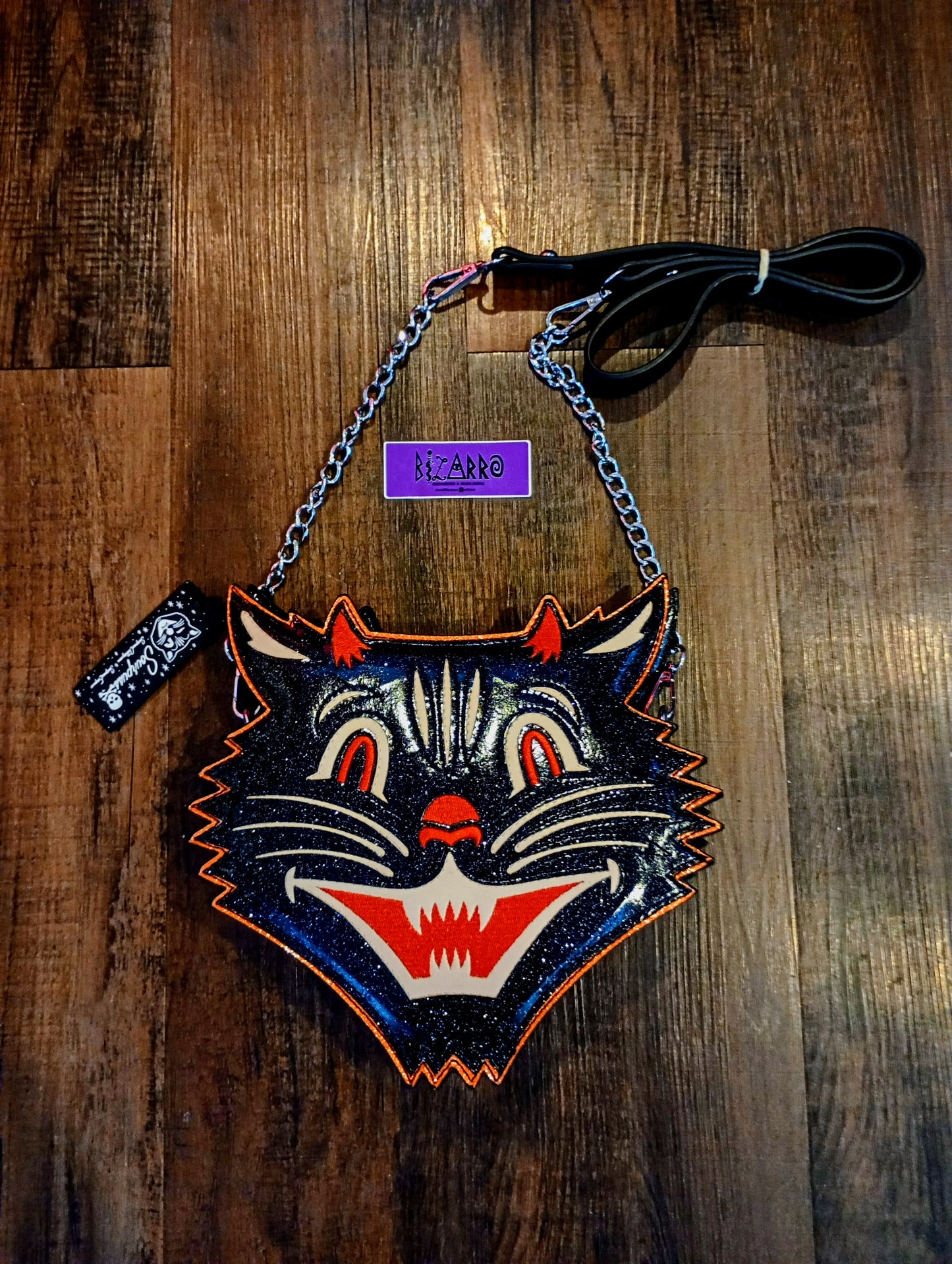 Sourpuss Laughing Black Cat Sparkle Handbag/Purse