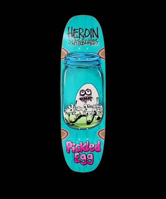 Heroin "Pickled Egg" Blue Shaped Wheel Wells Team Skate Deck 9"