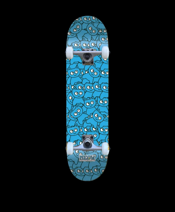 Meow Sticker Pile Multi Cat Cyan Blue Complete Skateboard 8.25"
