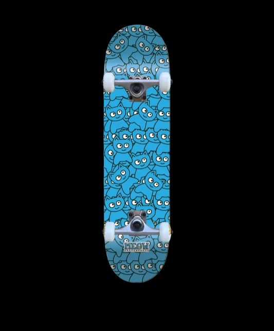 Meow Sticker Pile Multi Cat Cyan Blue Complete Skateboard 8.25"
