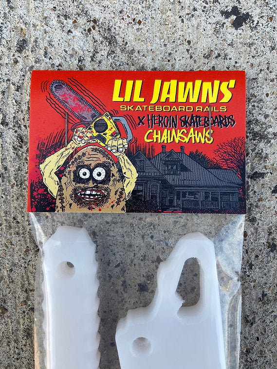 Lil Jawns x Heroin Skateboards "Chainsaws" Teggsas Chainsaw Massacre White Premium Rails