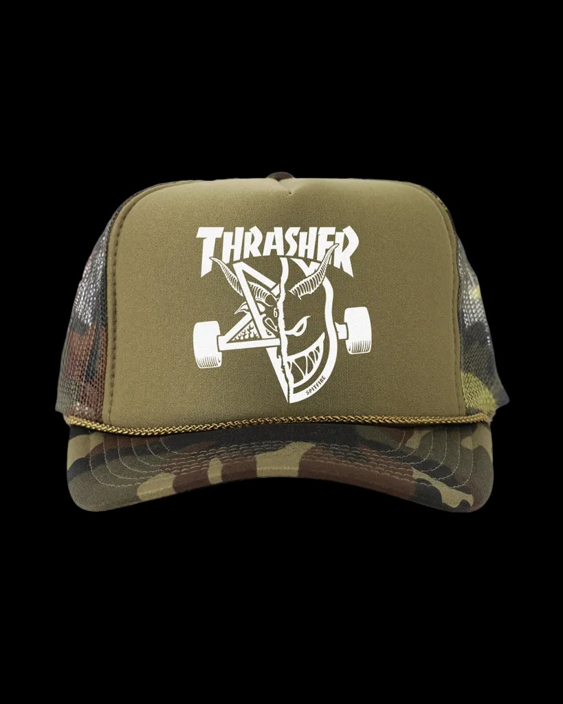 Thrasher x Spitfire "Thrash & Burn" Army Camo Snapback Trucker Hat