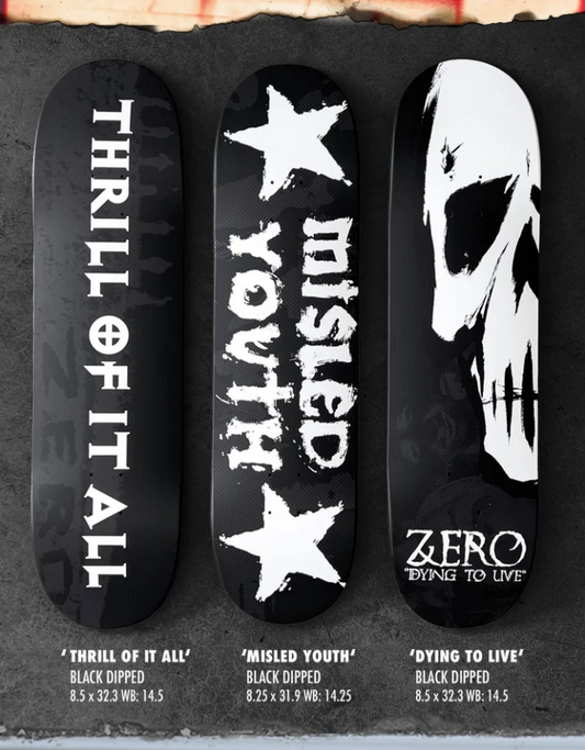 Zero Skateboards Video Series Anniversary Collection "Thrill Of It All" "Misled Youth" "Dying To Live" Skate Deck Set of 3