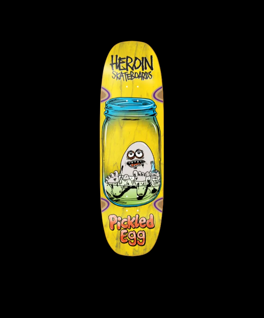 Heroin "Pickled Egg" Yellow Shaped Wheel Wells Team Skate Deck 9.38"