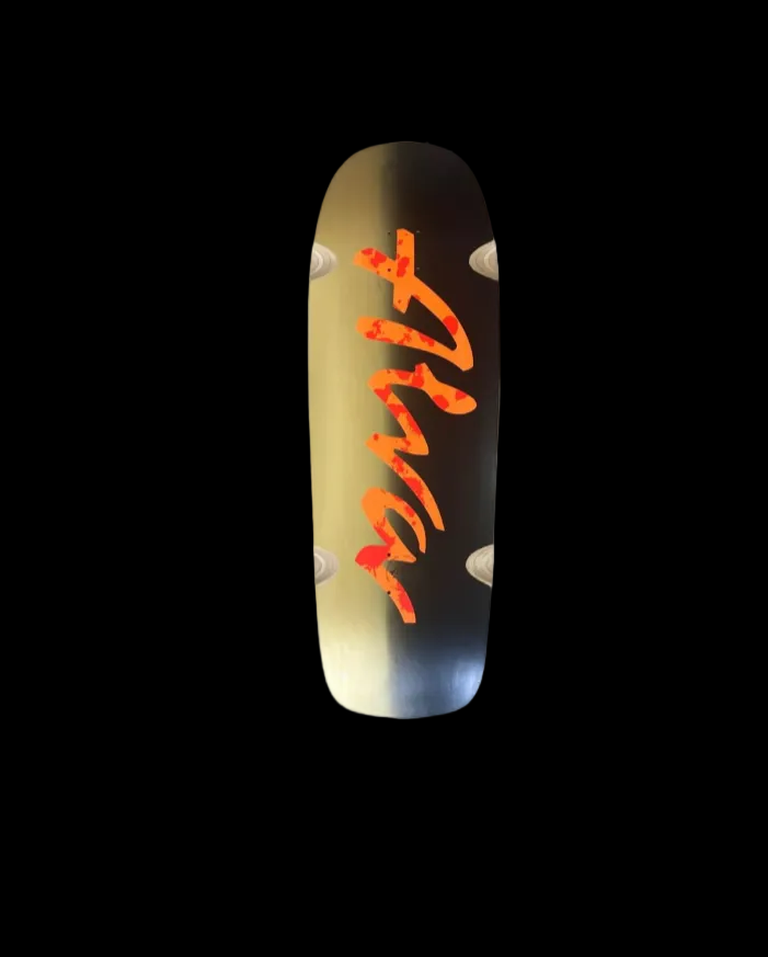 Alva Double Diamond "Pool Crusher" Gold/Black/Orange Red Splatter Shaped Wheel Wells Skate Deck 11"