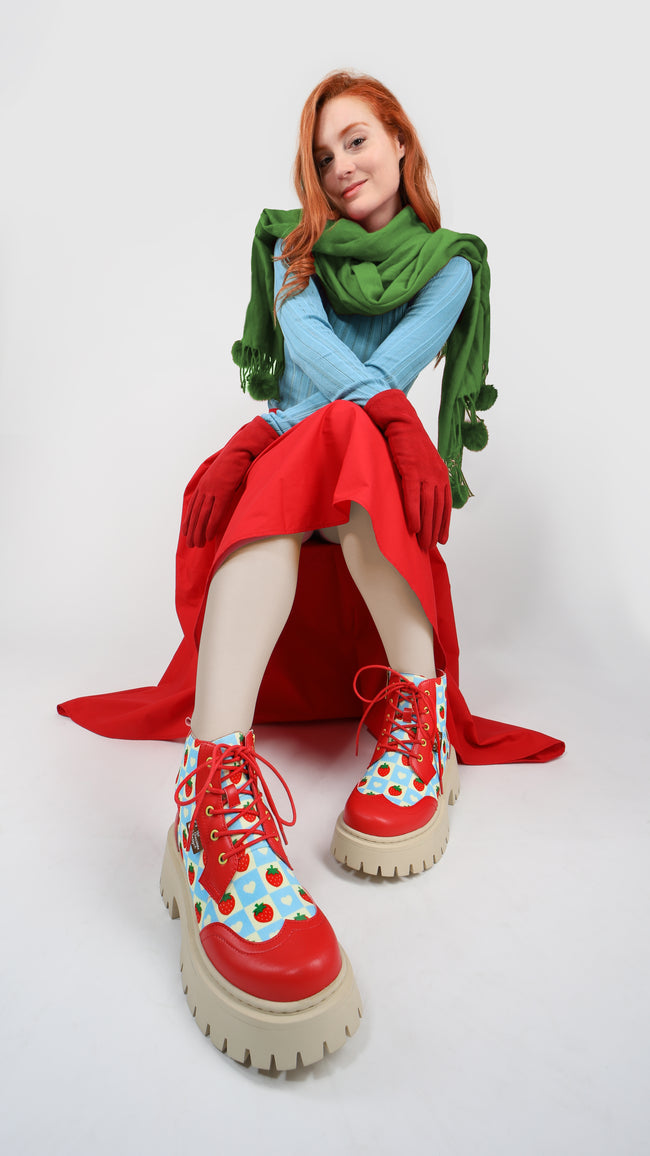 Hot Chocolate Design "Creamy Berry" Red/Baby Blue/Tan Women's Boots